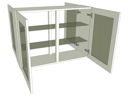 Peninsula glazed wall unit with glass shelves, tall 900mm high