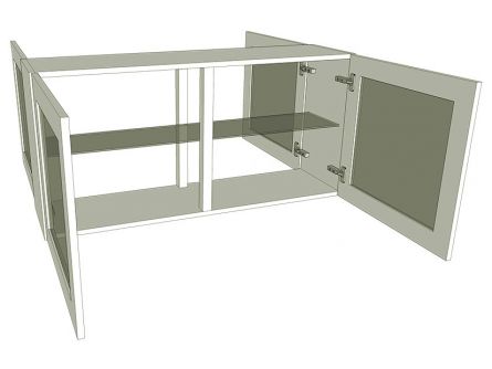 Peninsula glazed wall unit with glass shelves, low 575mm high