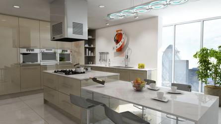 Gravity fitted kitchen in Gloss Metallic Beige