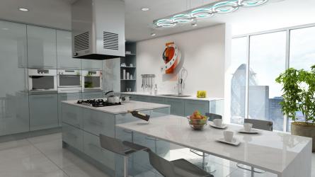 Gravity fitted kitchen in Gloss Metallic Blue