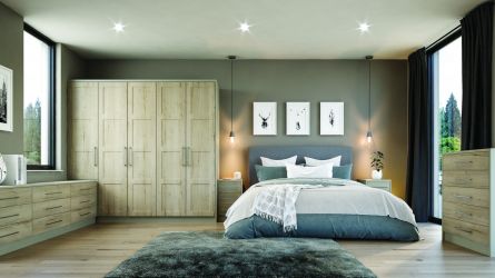bella aldridge bedroom in matt pebble and halifax white oak finish