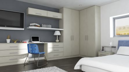 Severn bedroom with wardrobe and doors in Mussel vinyl finish