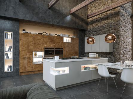 Zurfiz kitchen in Ultragloss Copperleaf & Supermatt Dust Grey
