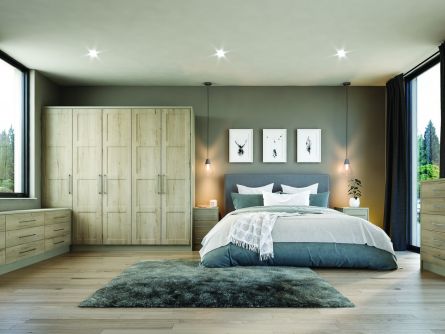 Bella Aldrige bedroom in Matt Pebble and Halixfax White Oak finish.