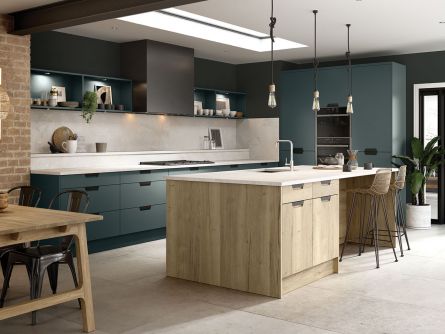 Segreto style kitchen in Matt Kombu Green & Halifax Natural Oak finish