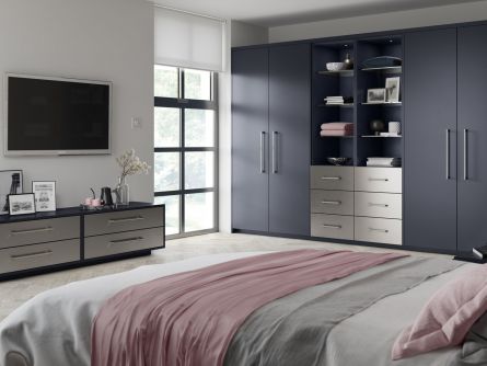 Zurfiz bedroom in Serica Matt Indigo Blue & Brushed Metal Stainless Steel