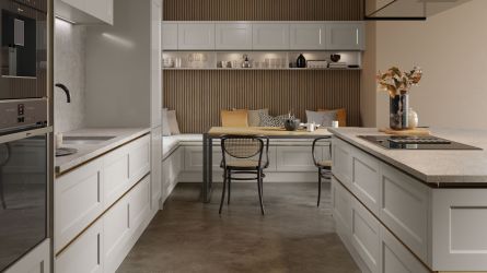  Bella Richmond style kitchen in a Matt Pebble finish in a True Handleless design.