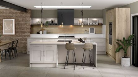 bella cambridge style kitchen in matt pebble and halifax white oak finish