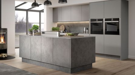 Zurfiz fitted kitchne in magma steel, brushed metal stainless steel and supermatt dust grey