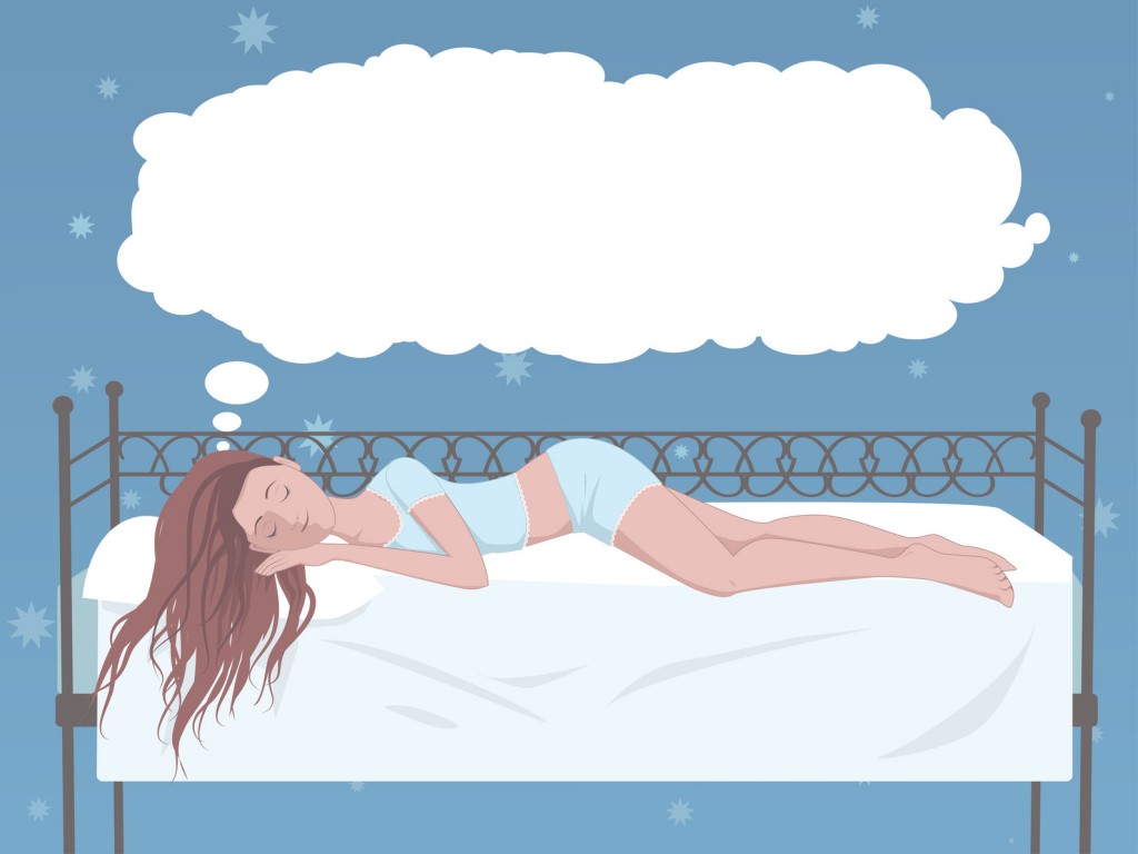 Woman sleeping in a bed, cloud dreams above her head